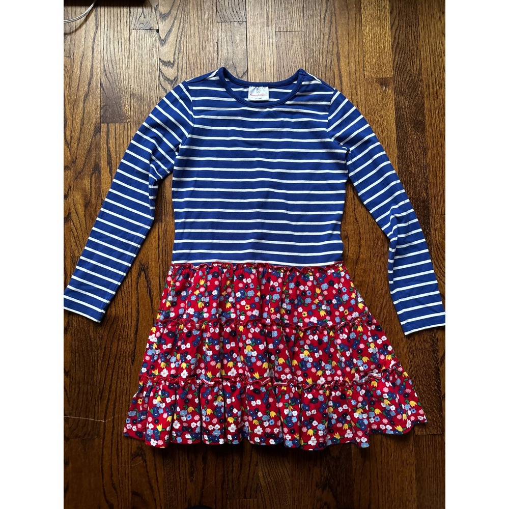Hanna‎ Andersson Girls Blue Striped Red Floral Tiered Long Sleeve Dress Sz 130 8